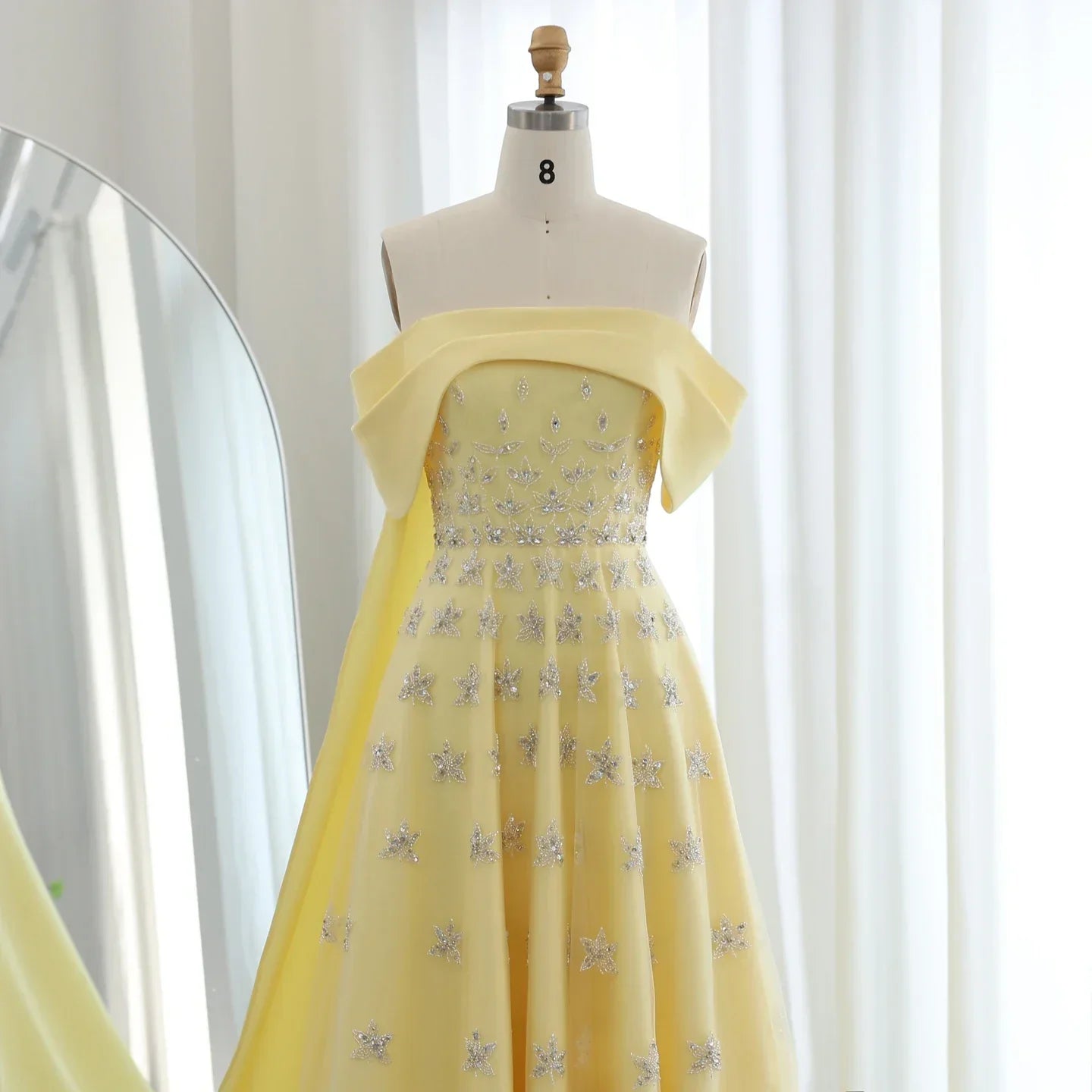 Yellow Satin Evening Gown with Cape Mssaz Desses