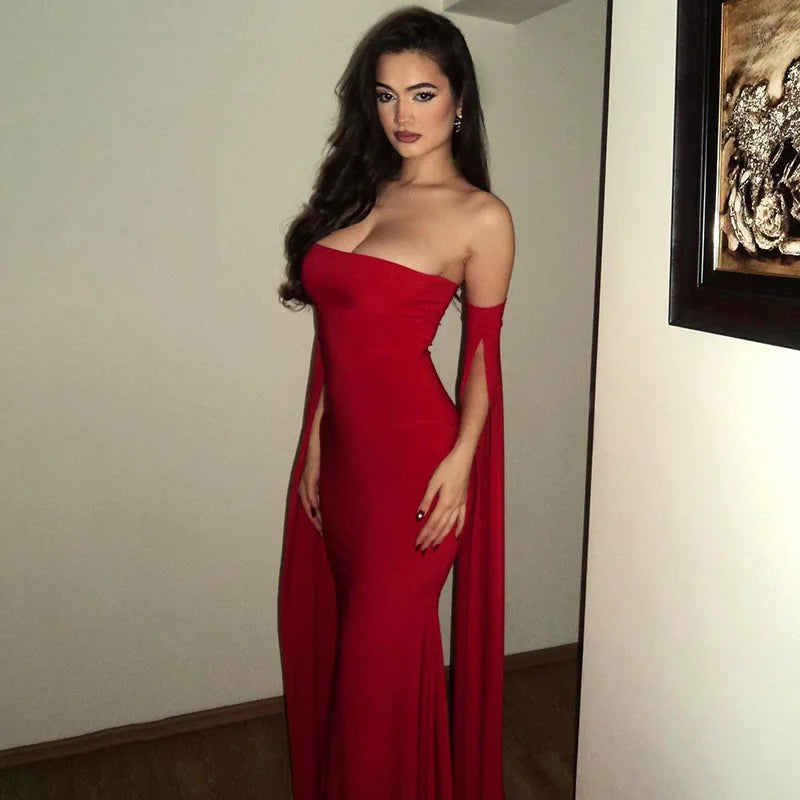 Strapless Extra-long Flare Sleeves Dress Mssaz Desses