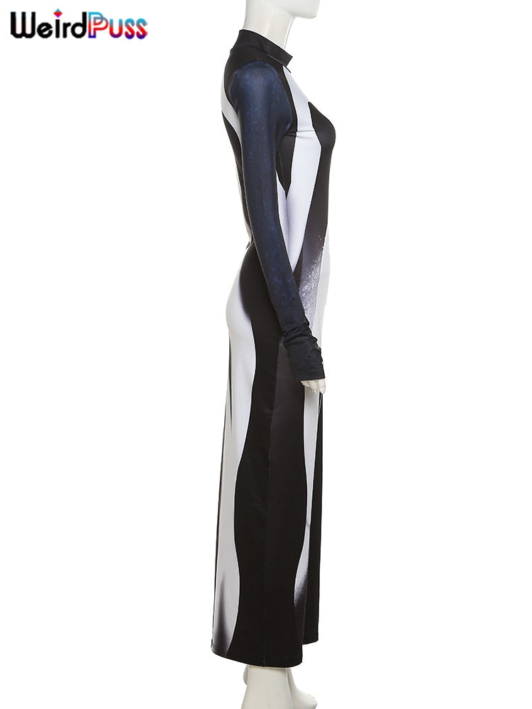 Weird Puss Gradient Maxi Dress Skinny Stretchy Long Sleeve O-Neck Trend Bodycon Mssaz Desses