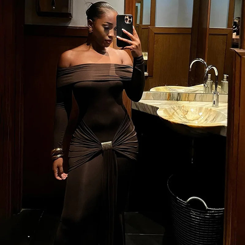 Pleated Patchwork Solid Off-Shoulder Dress Mssaz Desses
