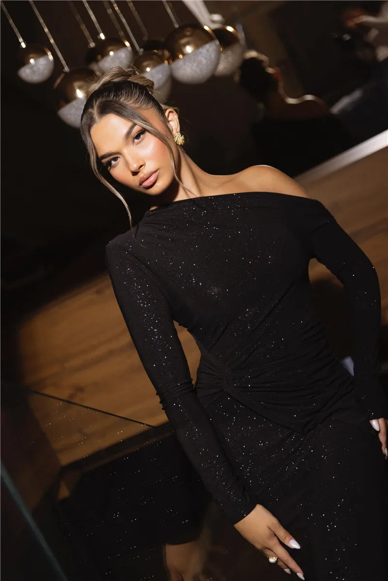 Long Sleeve Inclined Shoulder Maxi Dress Mssaz Desses