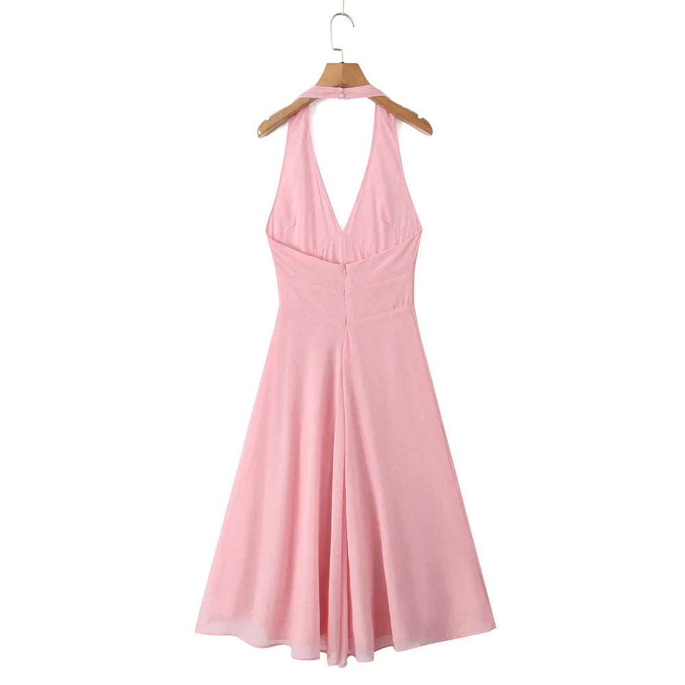 Pink Deep V Collar Halter Sling Midi Dress Mssaz Desses