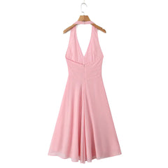 Pink Deep V Collar Halter Sling Midi Dress Mssaz Desses