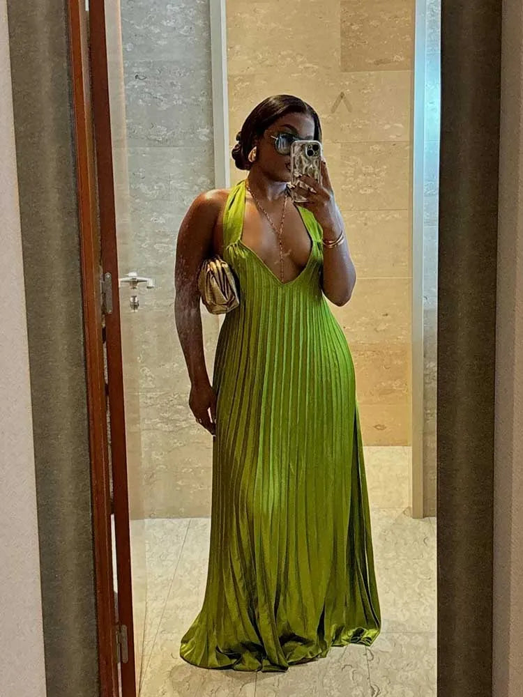 Pleated Hollow Out Halter Neck Long Dress Mssaz Desses