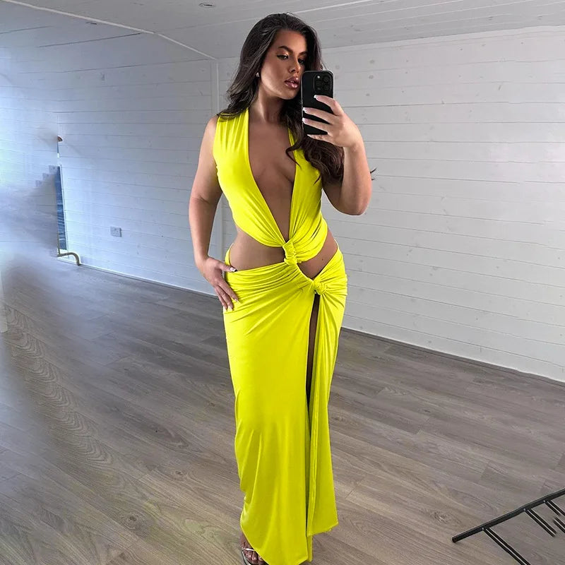 Deep V Cut Out Slit Asymmetrical Long Dress Mssaz Desses