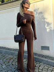 One Shoulder Flare Sleeve Top Long Pant Suit Mssaz Desses
