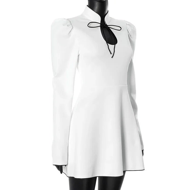 Lace-Up White V-Neck A-Line Short Dress Mssaz Desses