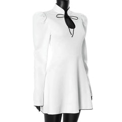 Lace-Up White V-Neck A-Line Short Dress Mssaz Desses