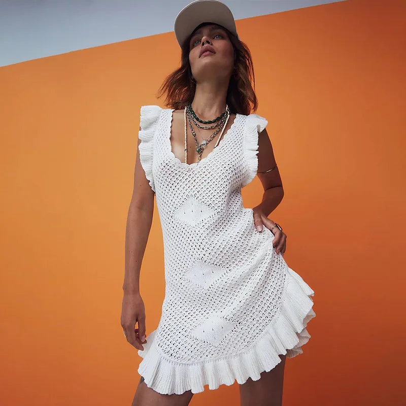 Ruffled Crochet Hollow Out Knit Beach Mini Dress Mssaz Desses