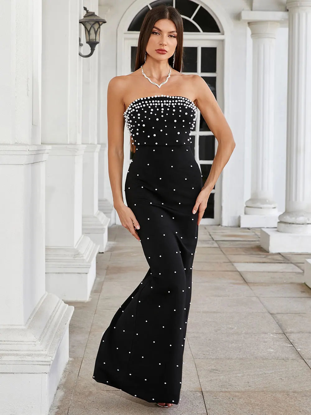Pearl Design Bandage Strapless Long Dress Mssaz Desses