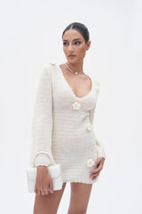 3D Flower Hand Crotch Full Flare Sleeve Sweater Dress Mssaz Desses