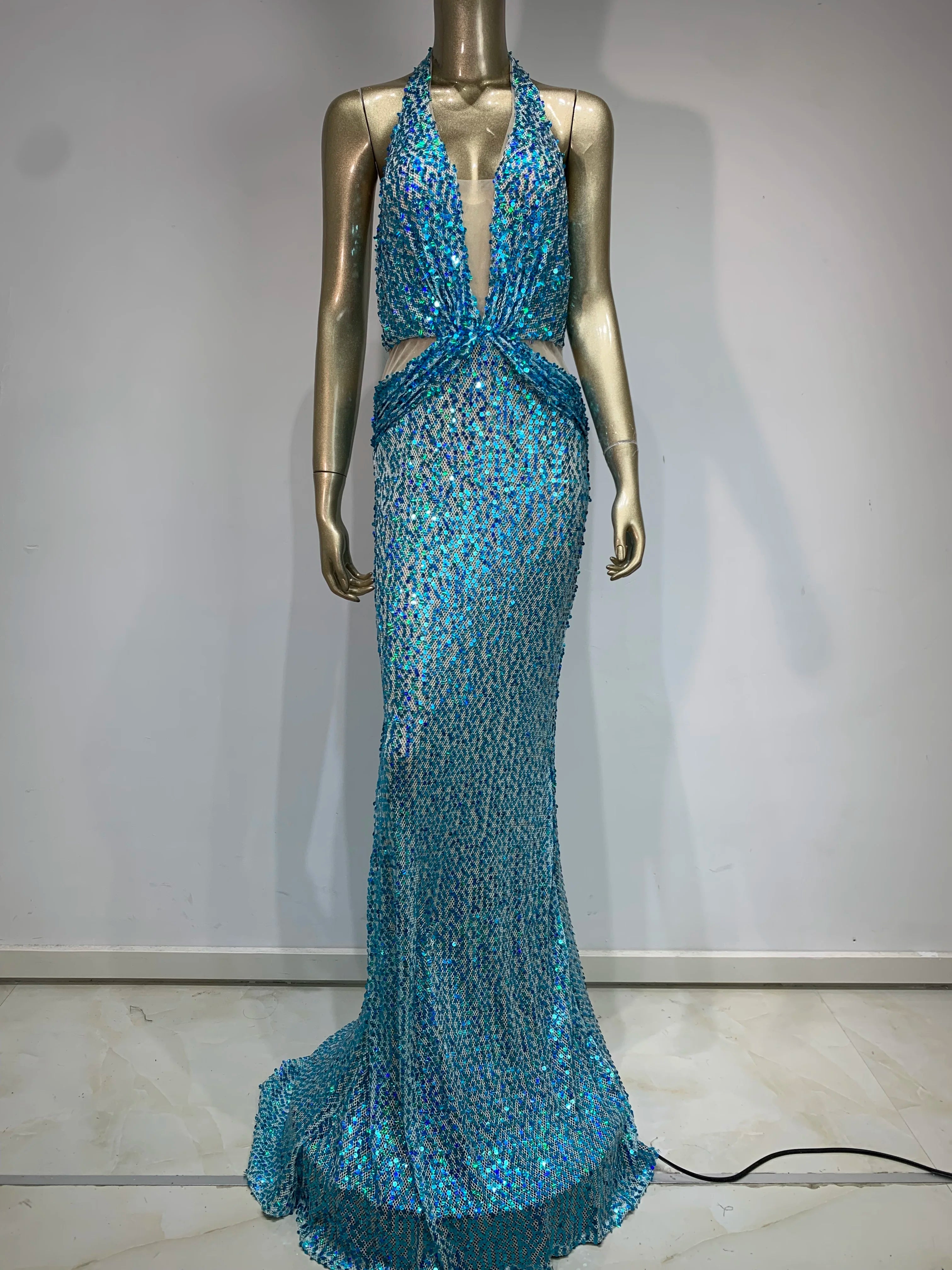 Halter Blue Sequins Sparkly Glitter Maxi Dress Mssaz Desses