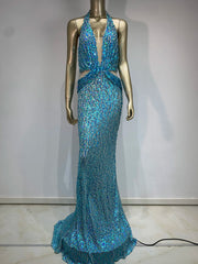 Halter Blue Sequins Sparkly Glitter Maxi Dress Mssaz Desses