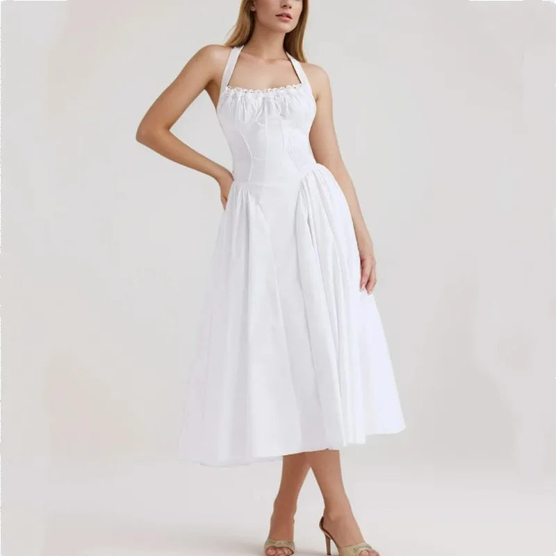 Corset Style Bow Halter Spliced Lace Midi Dress Mssaz Desses