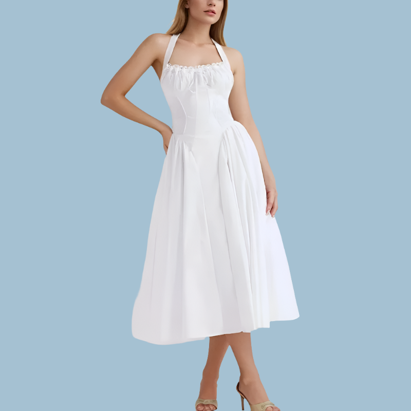 Corset Style Bow Halter Spliced Lace Midi Dress Mssaz Desses