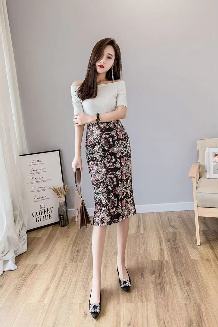 Printed Split High Waist Zipper Bag Hip Casual Commuter Skirt Mssza