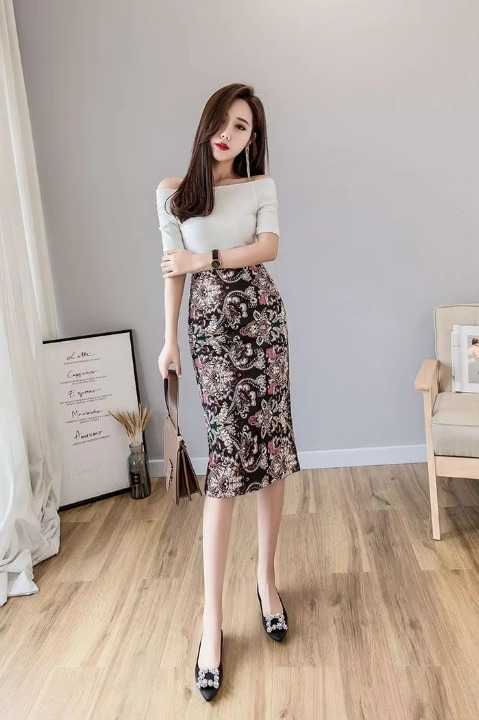 Printed Split High Waist Zipper Bag Hip Casual Commuter Skirt Mssza