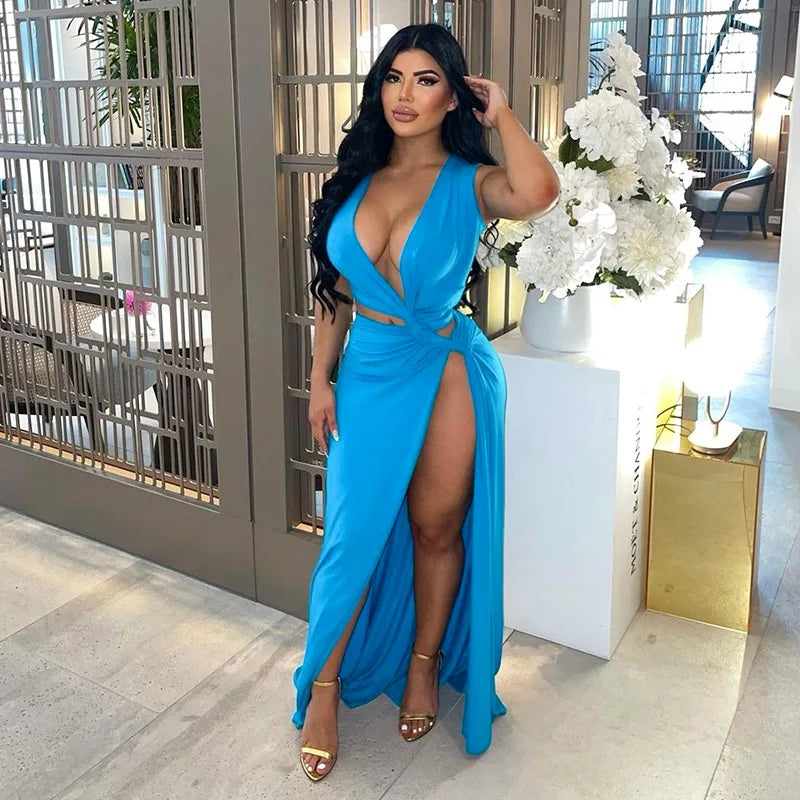 Deep V Cut Out Slit Asymmetrical Long Dress Mssaz Desses