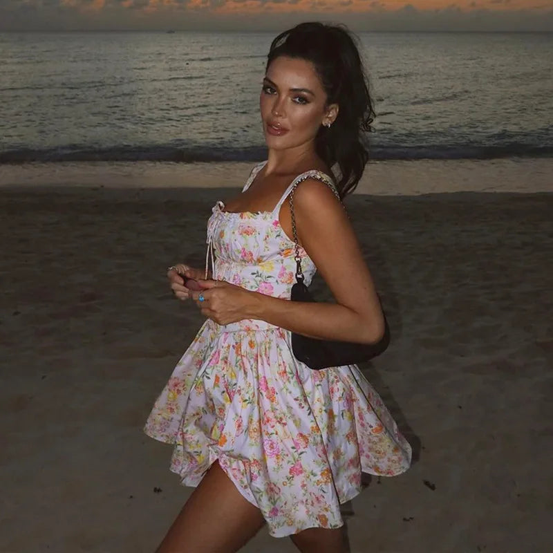 Flower Printed Open Back A-line Corset Mini Dress Mssaz Desses
