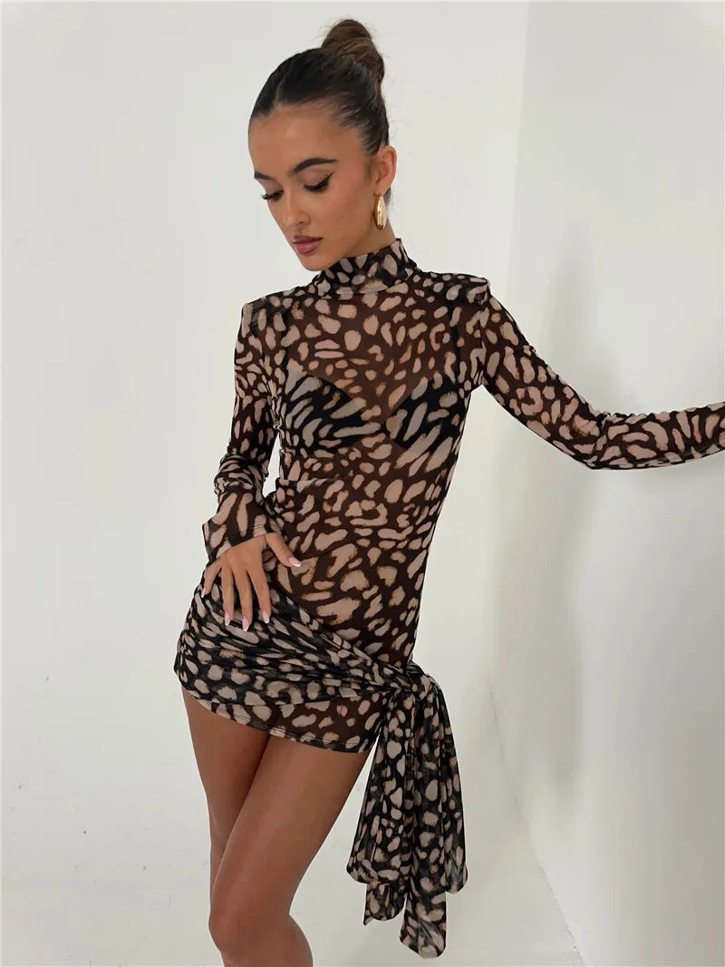 Mesh Leopard Print Turtleneck Mini Dress Mssaz Desses
