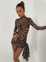 Mesh Leopard Print Turtleneck Mini Dress Mssaz Desses