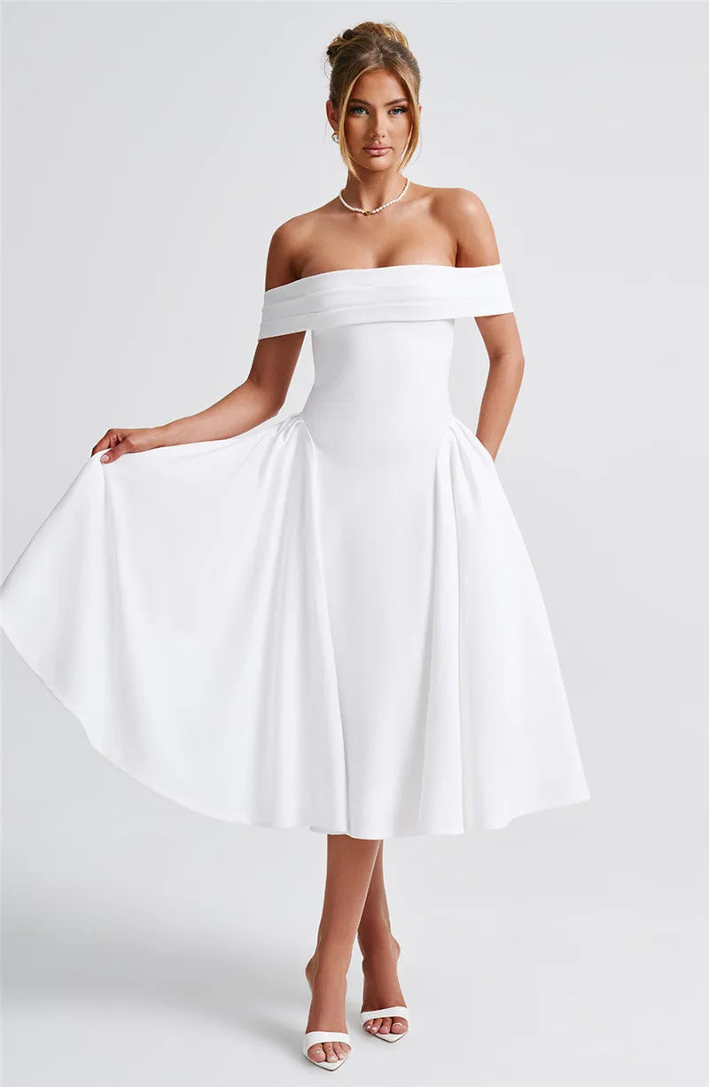 Off-Shoulder Flare Midi Dress Mssaz Desses