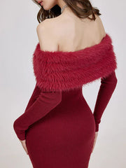 Patchwork Fur Collar Slash Neck Diamond Dress Mssaz Desses