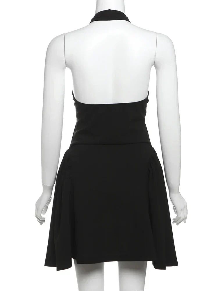 Above Knee Solid Halter Neck Mini Dress Mssaz Desses