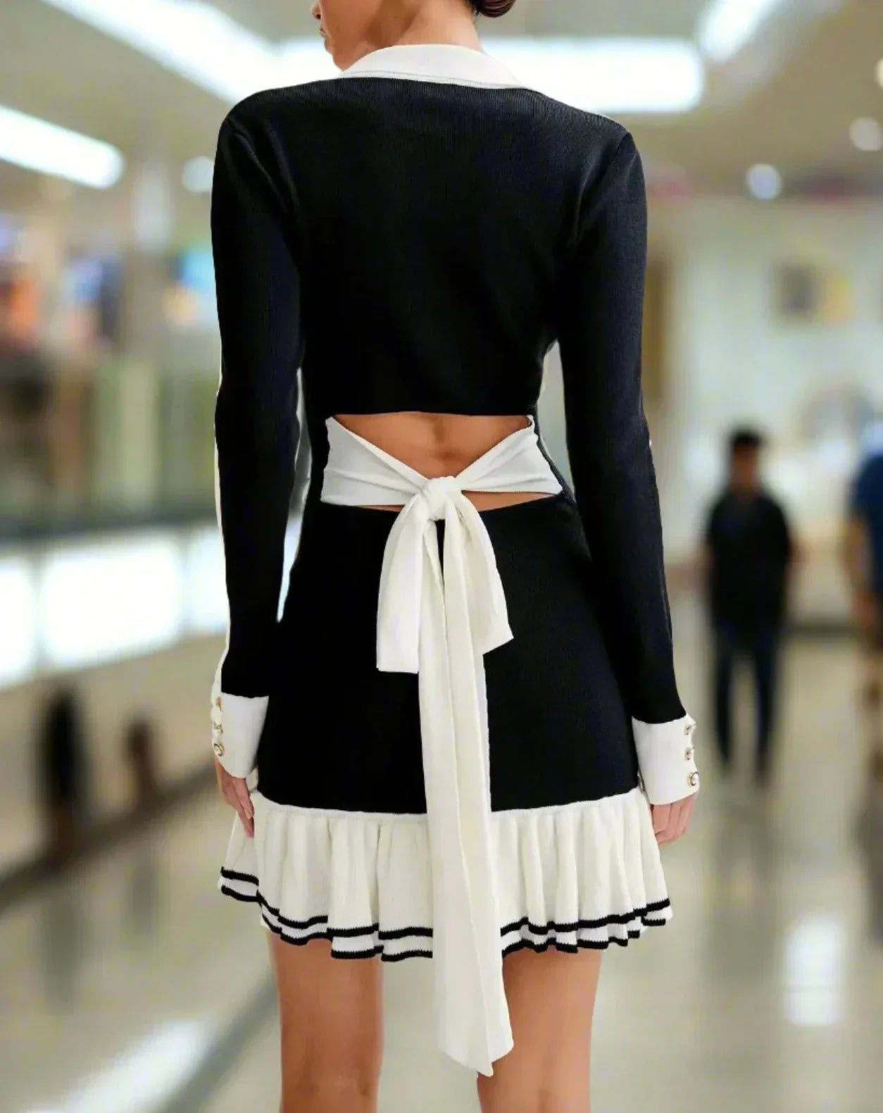 Ruffled Contrast Bow Open Back Lace-Up Knit Mini Dress Mssaz Desses