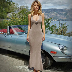Floral Knit Hollow Out Lace-Up Maxi Dress Mssaz Desses