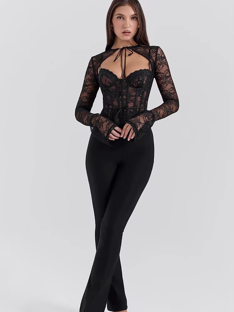 See Through Lace Pattern  Long Sleeve Print Floral Two Piece Tops Mssza