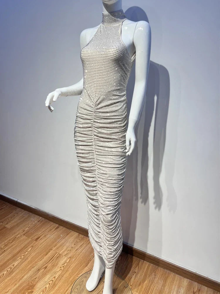 Halter Neck Backless Crystal Folds Long Dress Mssaz Desses