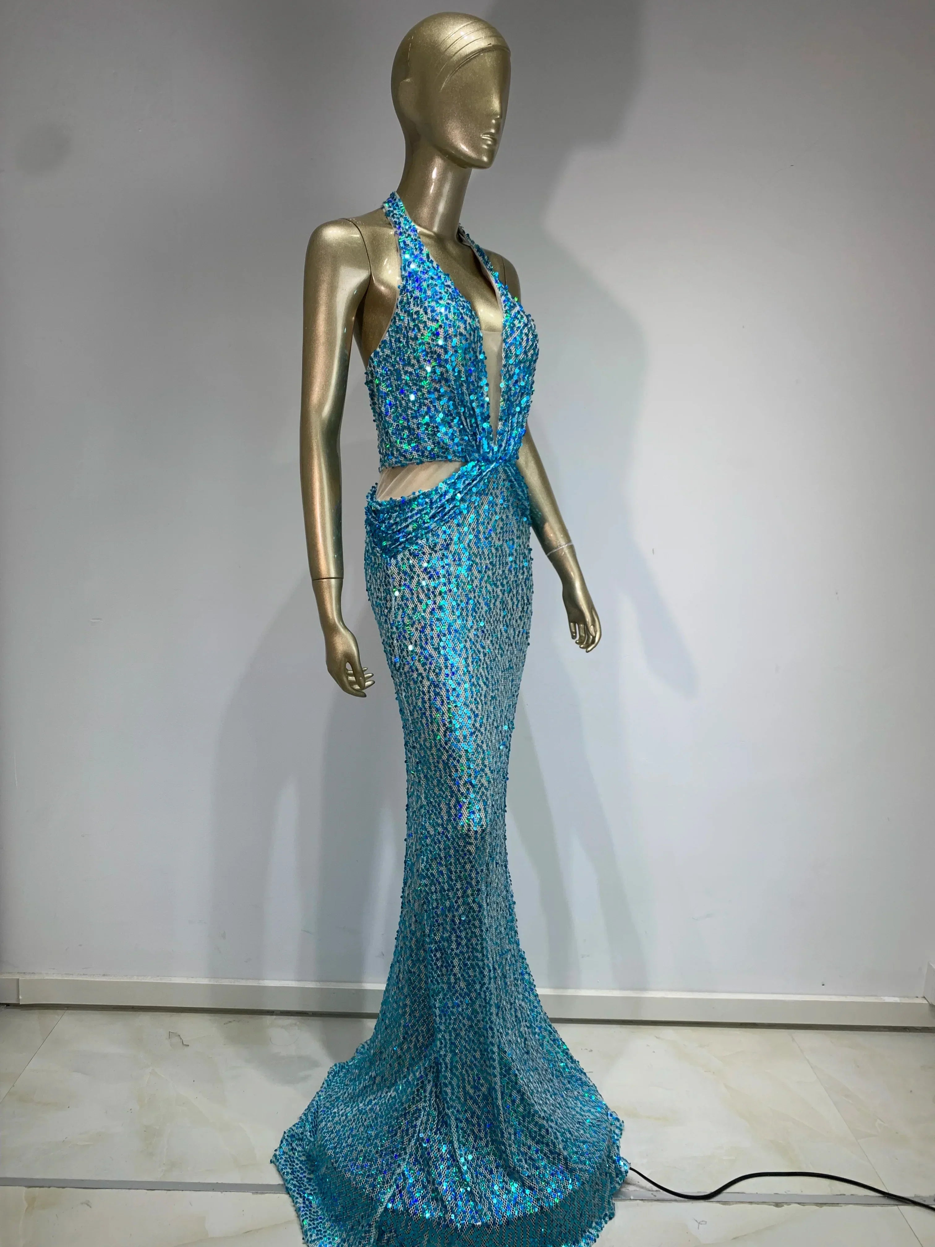 Halter Blue Sequins Sparkly Glitter Maxi Dress Mssaz Desses