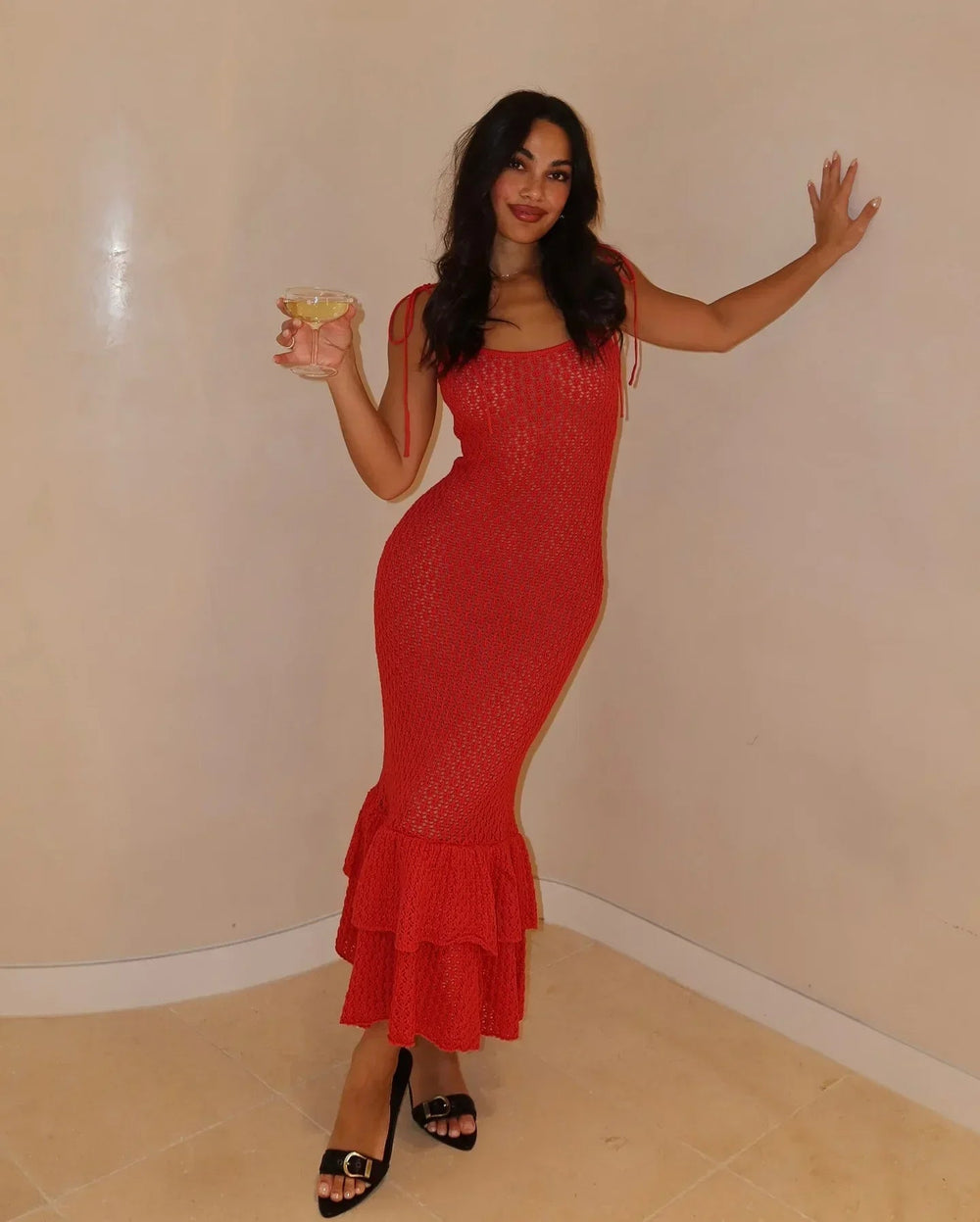 Crochet Maxi Dress with Ruffle Trim Mssaz Desses