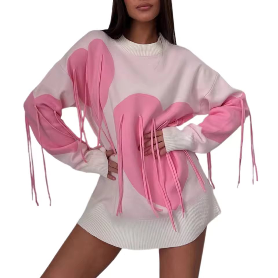 Round Neck Knitwear Tassel Contrast Color Long Sleeve Ribber Loose Fit  Sweater Tops Mssza