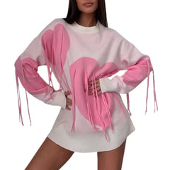 Round Neck Knitwear Tassel Contrast Color Long Sleeve Ribber Loose Fit  Sweater Tops Mssza