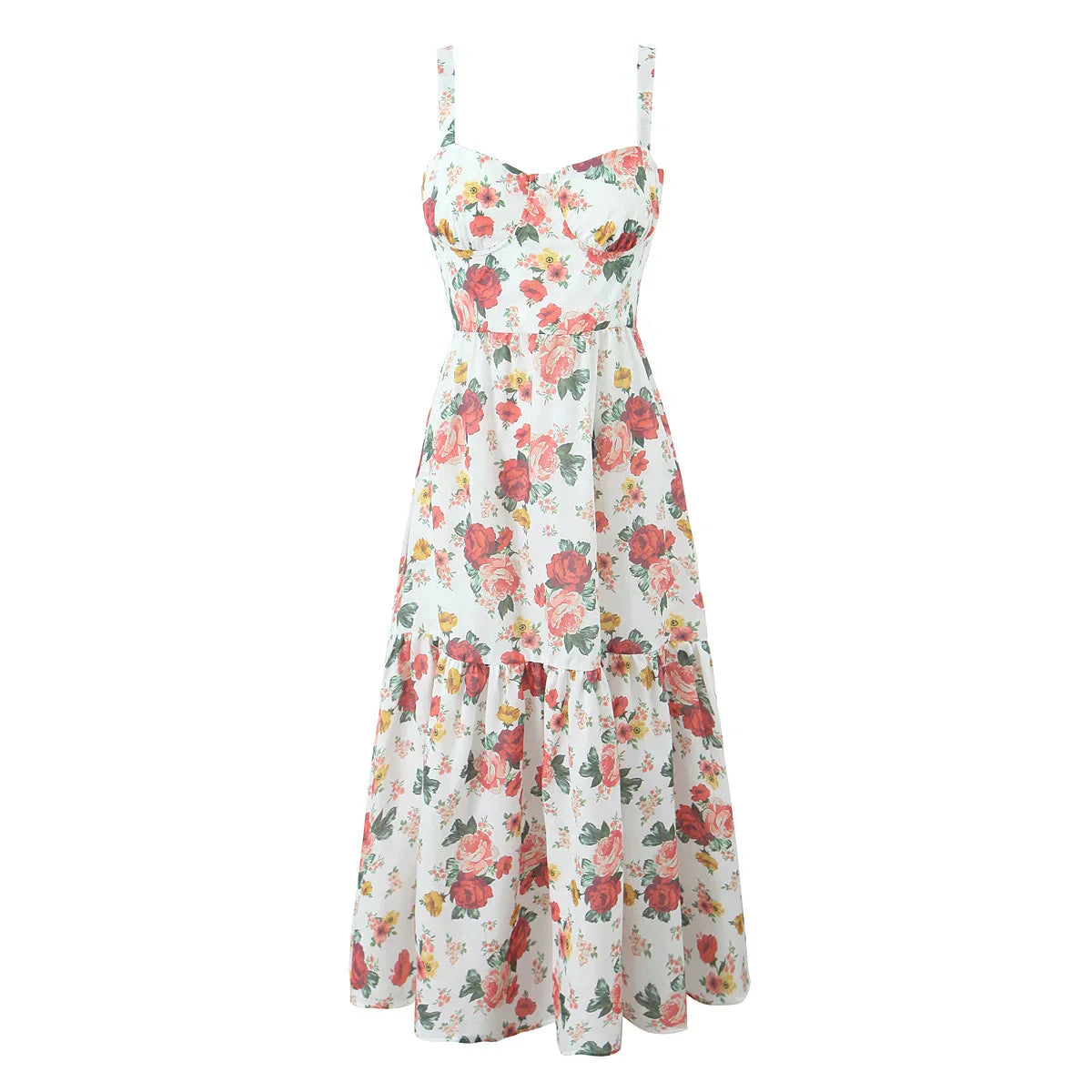 Flower Print Corset Style Ruffles Hem Midi Dress Mssaz Desses