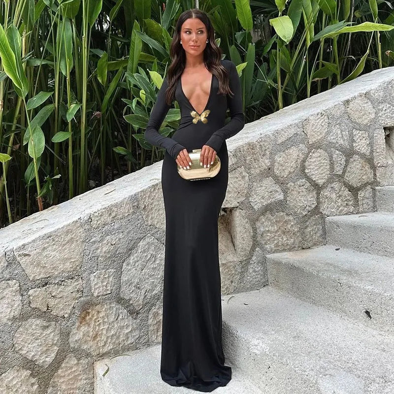 Black Fishtail Dress Dramatic Style with Butterfly Mssaz Desses
