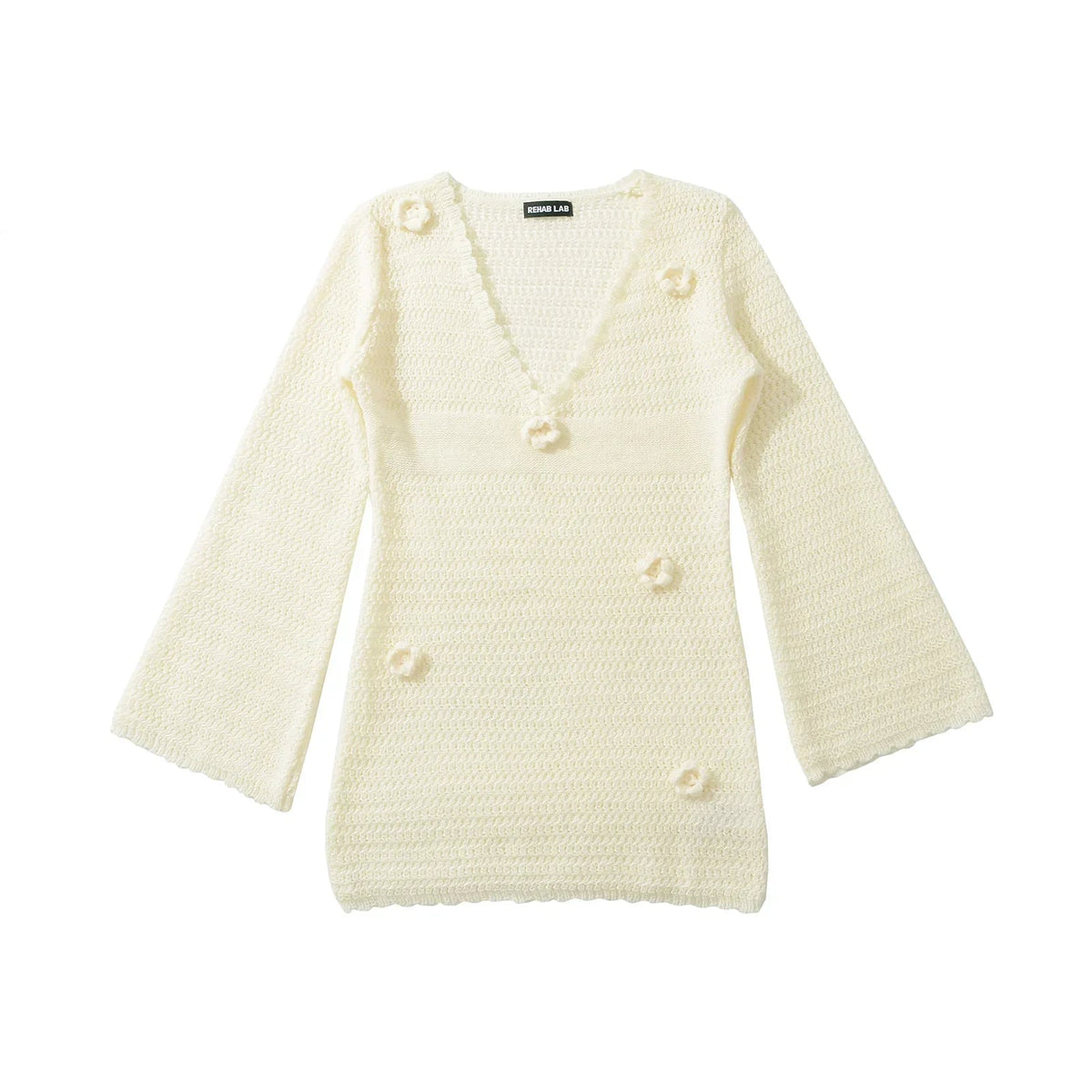 3D Flower Hand Crotch Full Flare Sleeve Sweater Dress Mssaz Desses