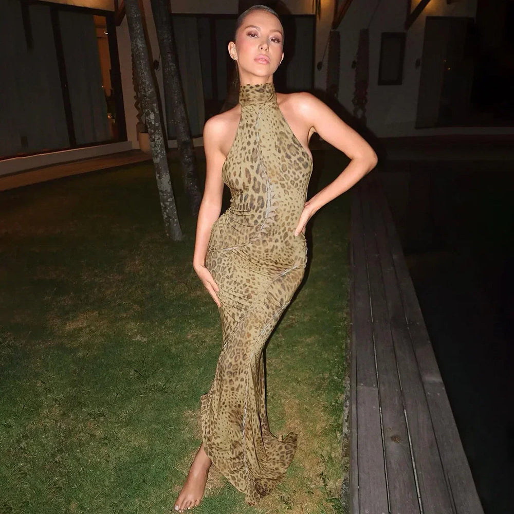 Halter Leopard Embellished Long Dress Mssaz Desses