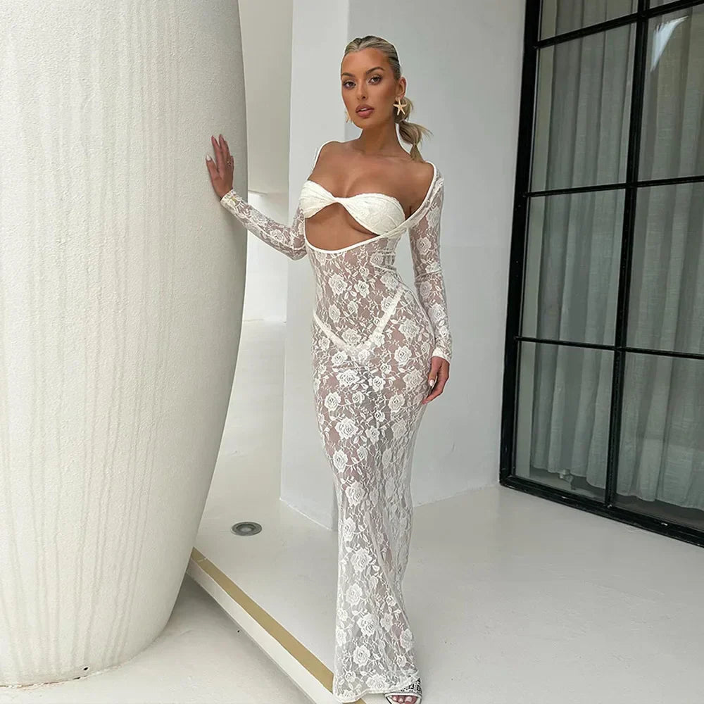 Perspective Lace Hollow Out Bodycon Maxi Dress Mssaz Desses