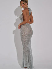 Open Back Sequins Sparkling Halter Maxi Dress Mssaz Desses
