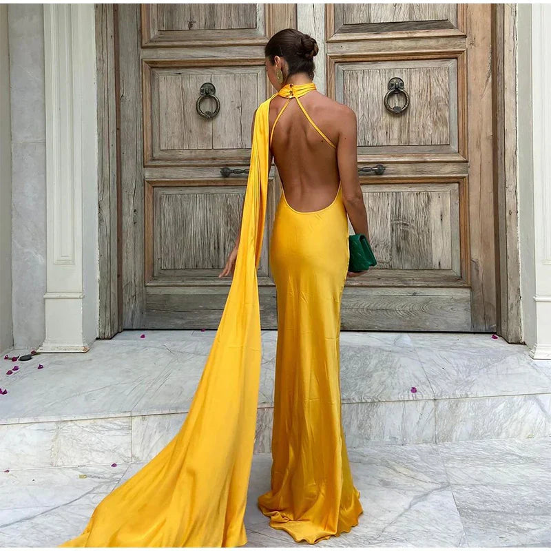 Yellow Satin Maxi Dress Mssaz Desses