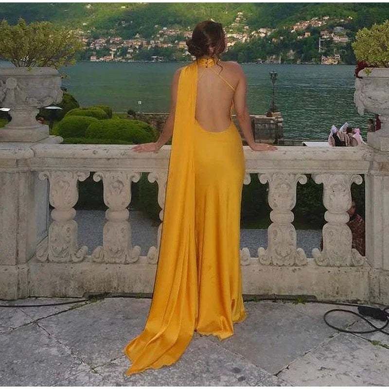 Yellow Satin Backless Lace-Up Off-Shoulder Maxi Dress Mssaz Desses
