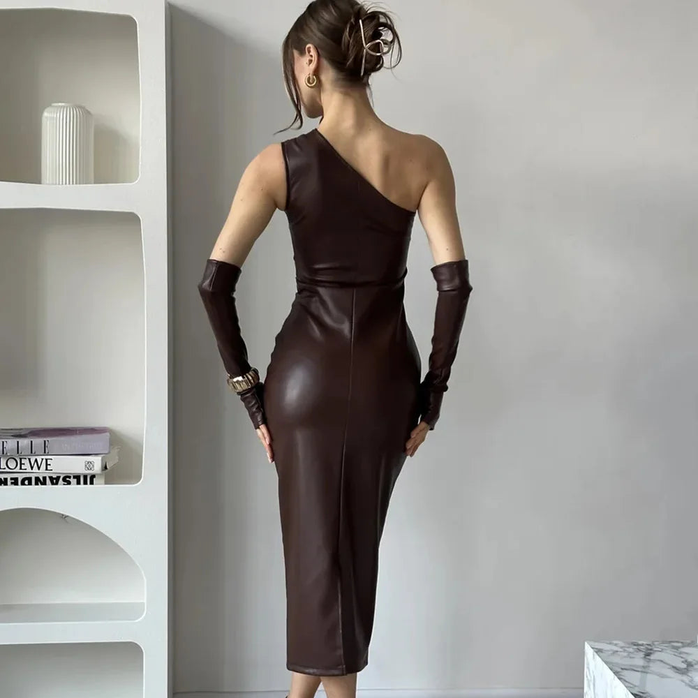 Off-Shoulder Strapless Faux Leather Patchwork Dress Mssaz Desses
