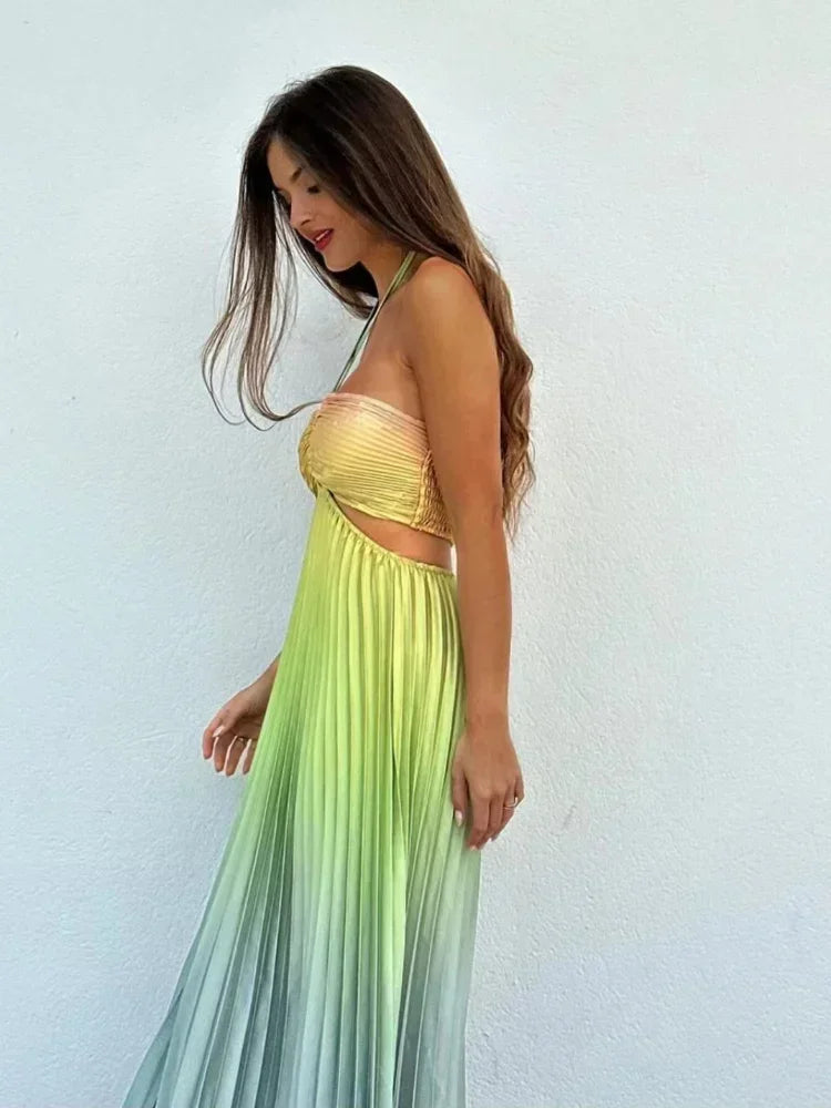 Satin Gradient Pleated Sleeveless Maxi Dress Mssaz Desses
