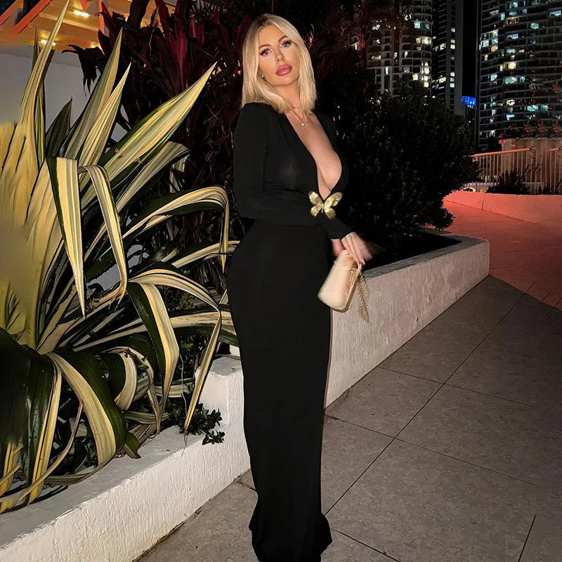 Black Fishtail Dress Dramatic Style with Butterfly Mssaz Desses