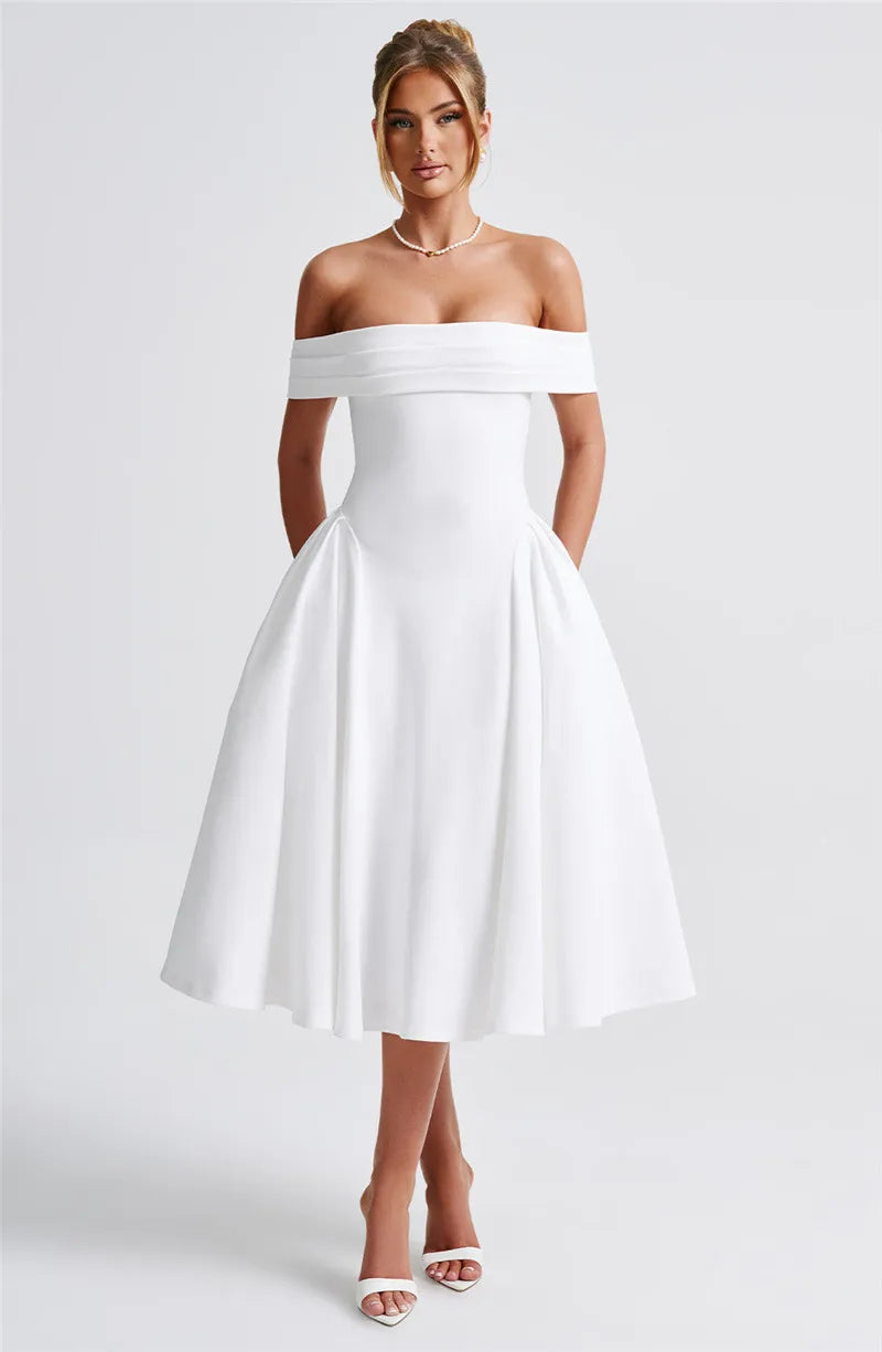 Off-Shoulder Flare Midi Dress Mssaz Desses