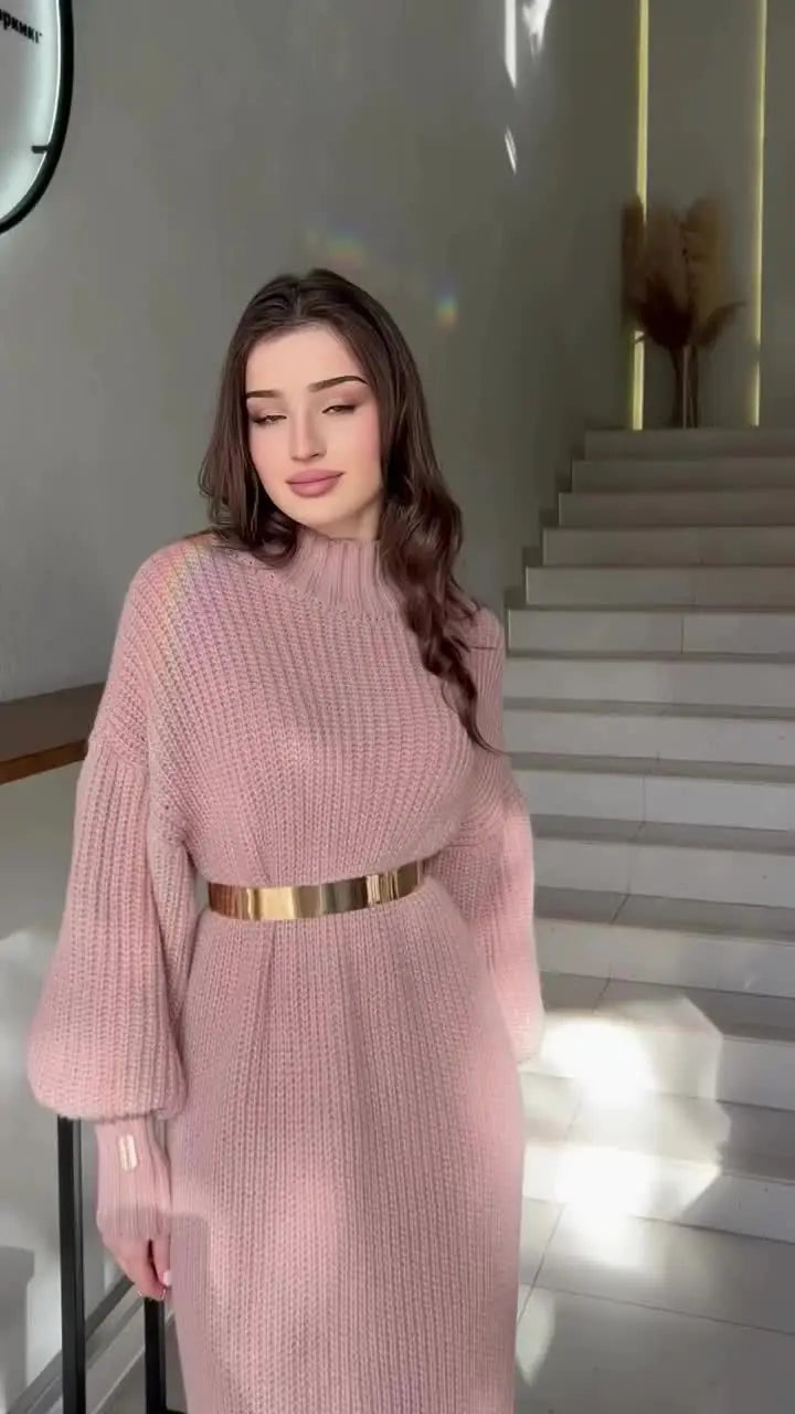 Turtleneck Pullover Solid Sweater Dress With Belt Mssaz Desses