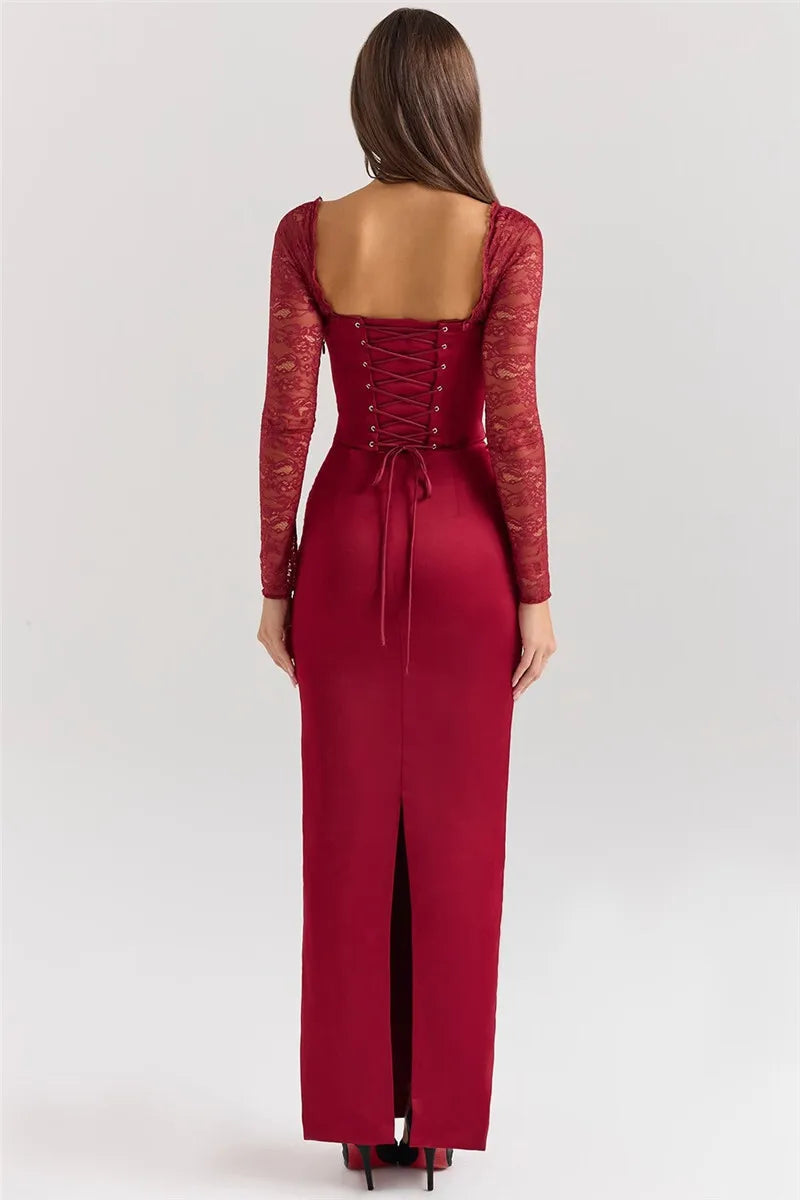 Square Collar Lace-Up Backless Long Sleeve Maxi Dress Mssaz Desses